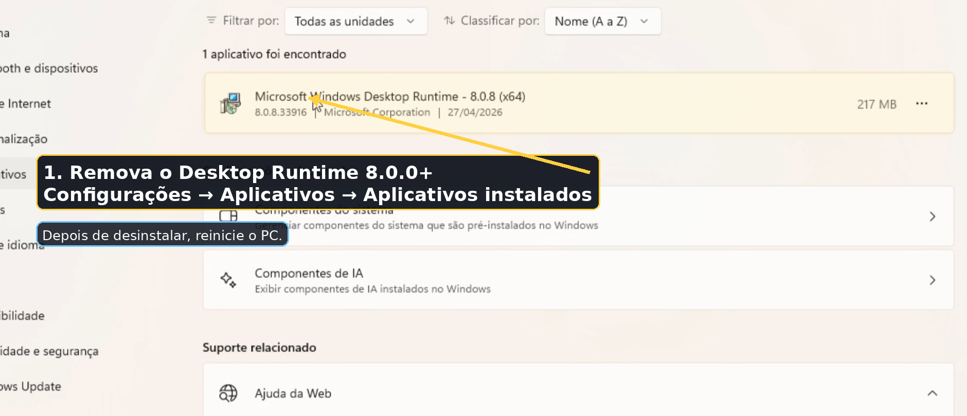 Desktop Runtime 8.0.0+ em Aplicativos instalados do Windows